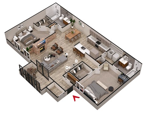 Floor plan for 2 beds, 2 baths, 1074 sqft